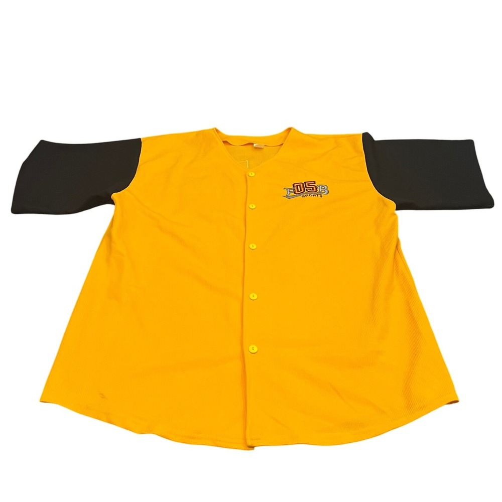 FUBU Sports Baseball Jersey Mens L Yellow Black Ribbed Button Up 05 Graphic